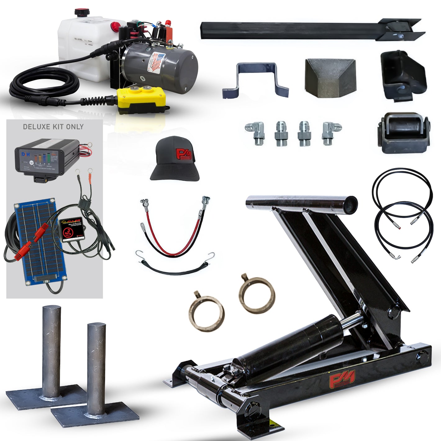 Truck and trailer hydraulic scissor hoist black with hardware and power unit white background. 