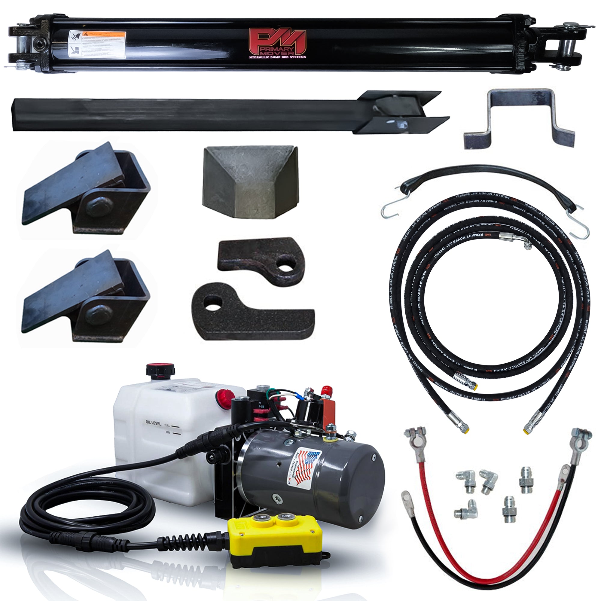 Single 3.5 x 30 Cylinder Direct Push Lift Kit | PFK-3530-DP with hydraulic power unit, hoses, and safety arm for trailer dump bed installation.