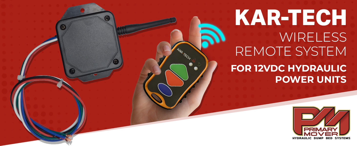 Kar-Tech Wireless Remote System in a user's hand, designed for controlling hydraulic pumps from up to 300 feet away, ensuring minimal interference.