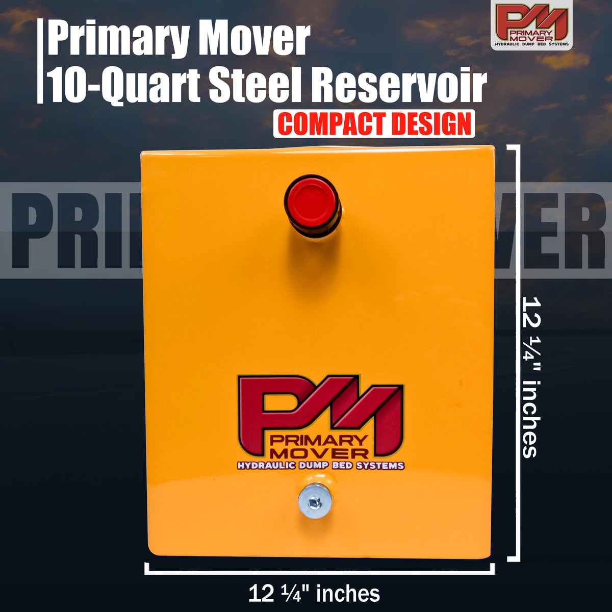 A yellow box with a red button, featuring a 10-quart steel hydraulic reservoir for versatile applications like dump trailers, RVs, and more. Durable steel construction with precise measurements for compatibility.