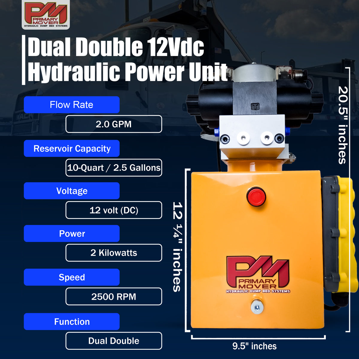 Compact, powerful Dual Double-Acting Hydraulic Power Unit by Primary Mover, ideal for dump trailers and trucks. Quad power capability for versatile hydraulic operations. Used for any truck or trailer application. 1/2 ton truck dump bed kit.