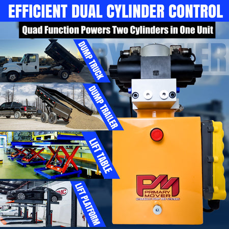 Primary Mover 12V Dual Double-Acting Hydraulic Power Unit: Compact, powerful unit for dump trailers and trucks, enabling four hydraulic actions simultaneously. Used for any truck or trailer application. 1/2 ton truck dump bed kit.