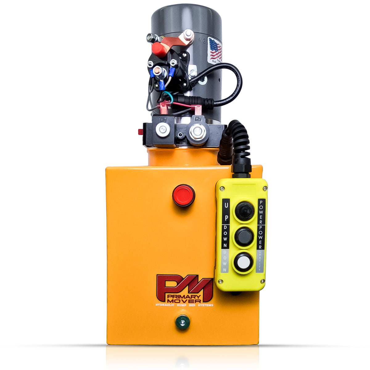 KTI 12V Double-Acting Hydraulic Pump with steel reservoir, featuring a compact design, yellow controller, and robust hydraulic system for efficient lifting and lowering operations.