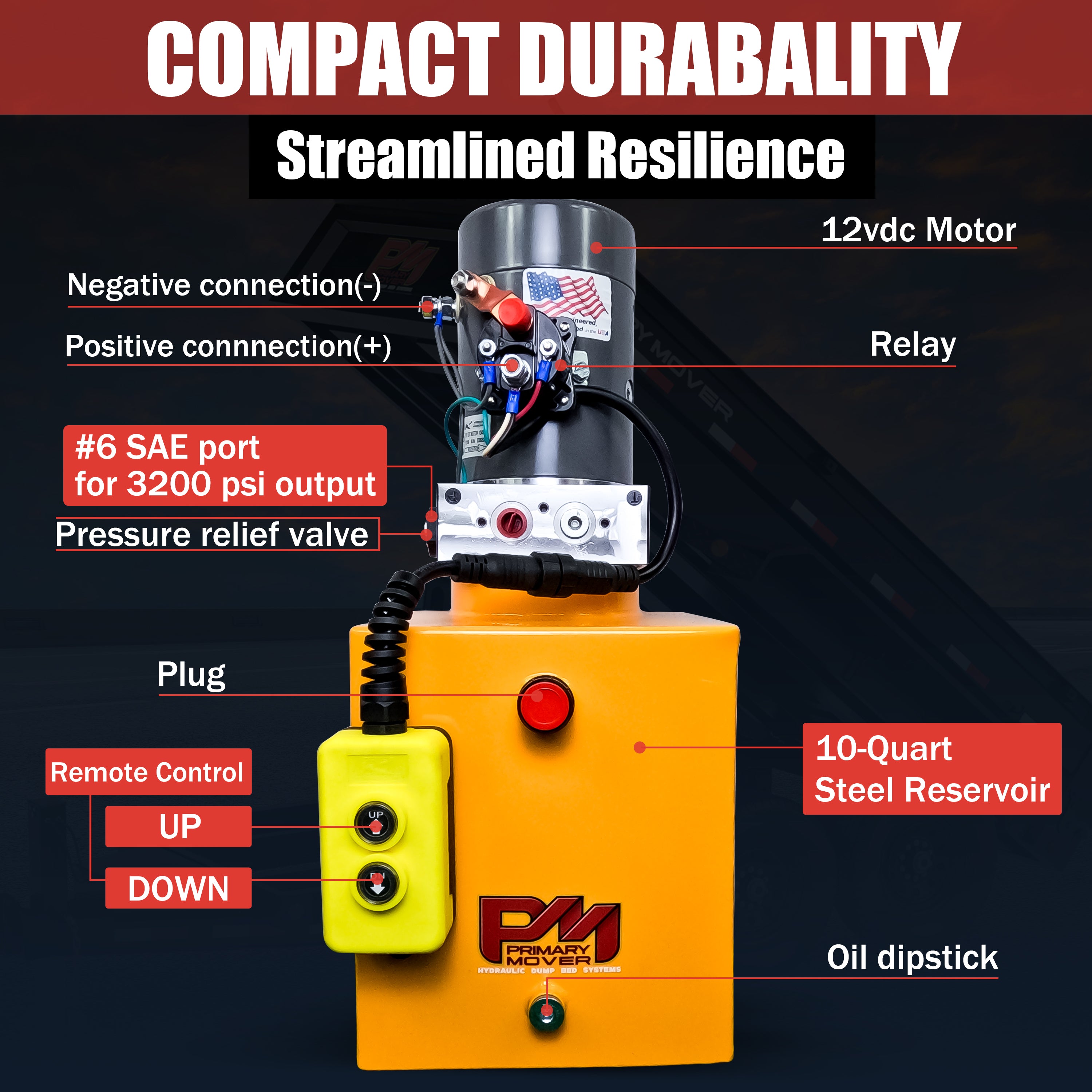 KTI 12V Single-Acting Hydraulic Pump - Steel Reservoir with control buttons and cable, designed for efficient dump bed systems.