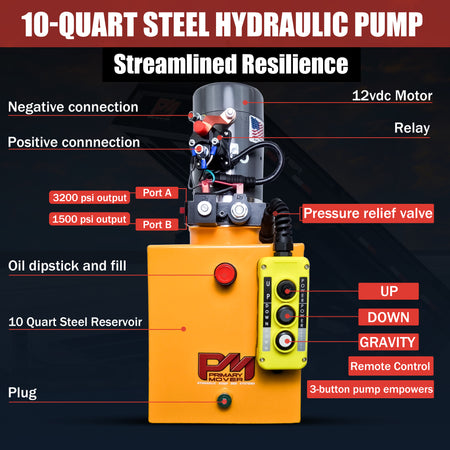 KTI 12V Double-Acting Hydraulic Pump - Steel Reservoir with red buttons, switches, and a compact design. Ideal for hydraulic dump bed systems.