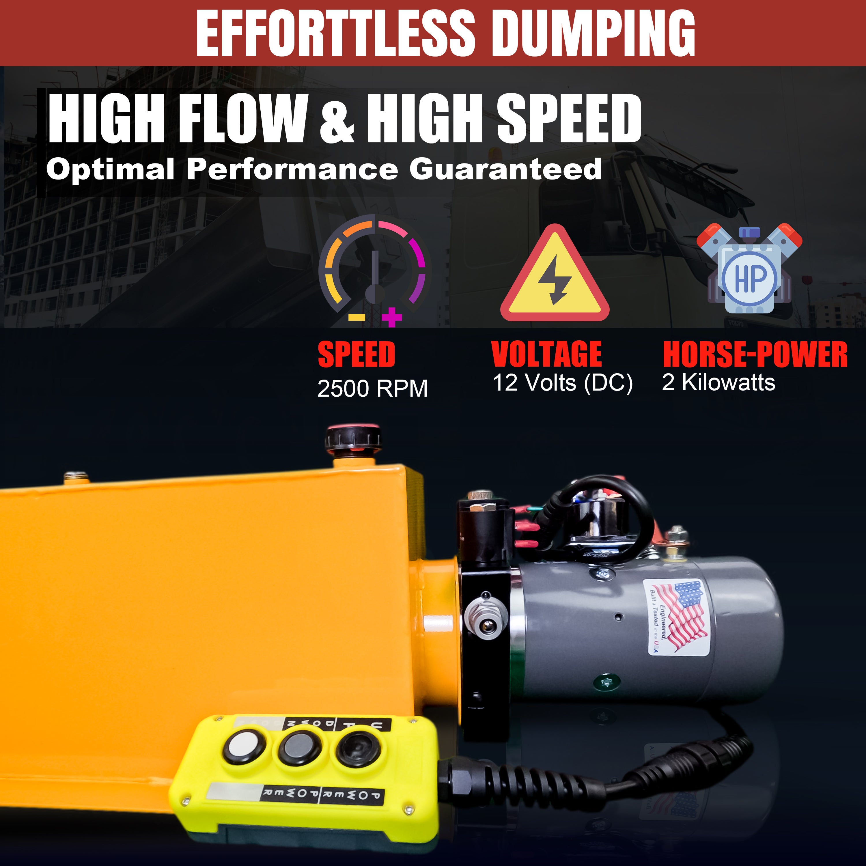 KTI 12V Double-Acting Hydraulic Pump with steel reservoir, featuring control buttons, black cord, gauge, and safety sticker, designed for efficient hydraulic dump bed systems.