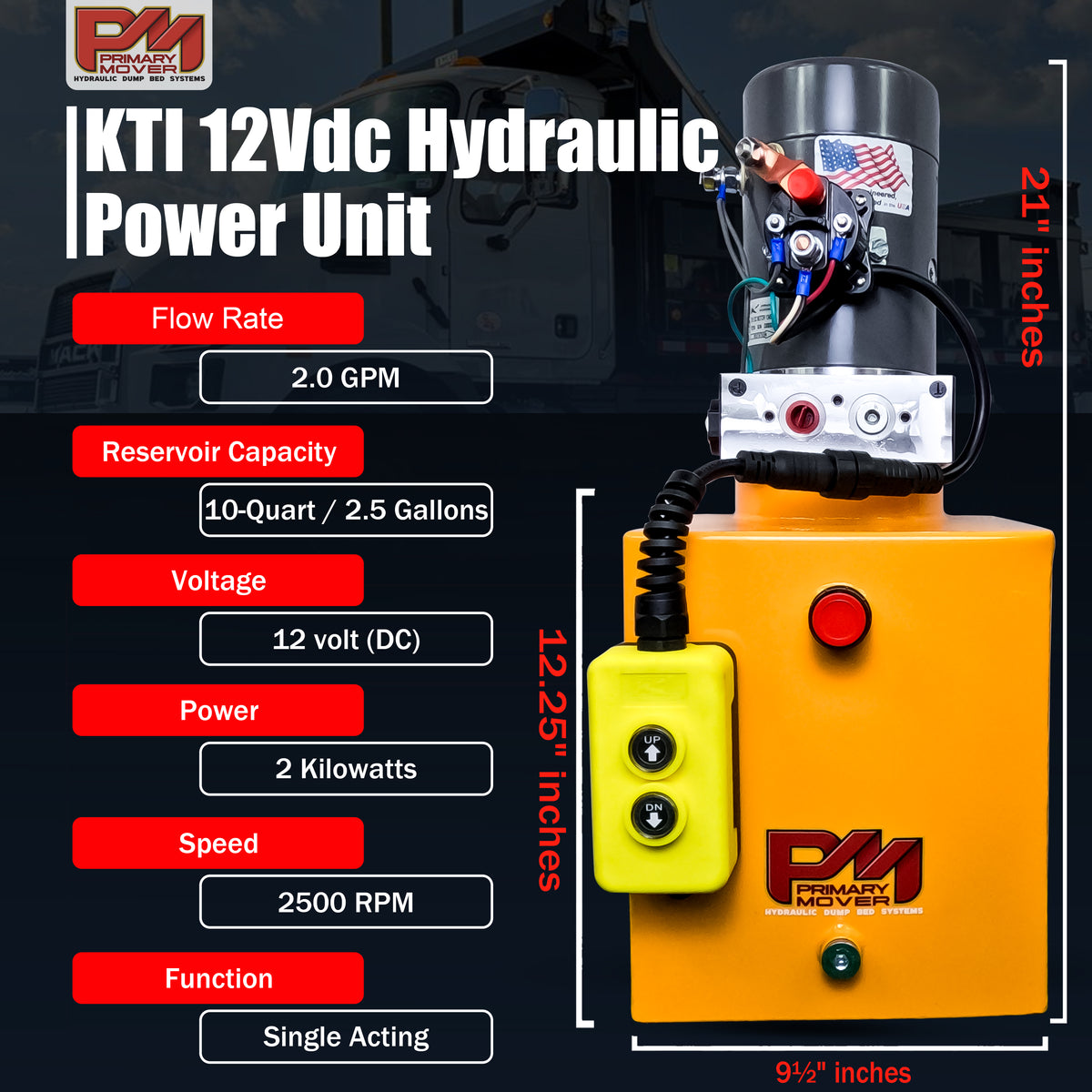 KTI 12V Single-Acting Hydraulic Pump - Steel Reservoir, featuring a compact design with a red button and multiple control elements visible. Ideal for hydraulic dump bed systems.