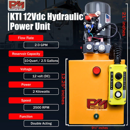 KTI 12V Double-Acting Hydraulic Pump with steel reservoir featuring dual-action functionality and black buttons for efficient lifting and lowering in hydraulic dump bed systems.