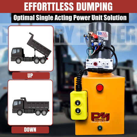 KTI 12V Single-Acting Hydraulic Pump - Steel Reservoir, shown mounted on a black dump truck, highlighting its specialized design for efficient lifting operations.