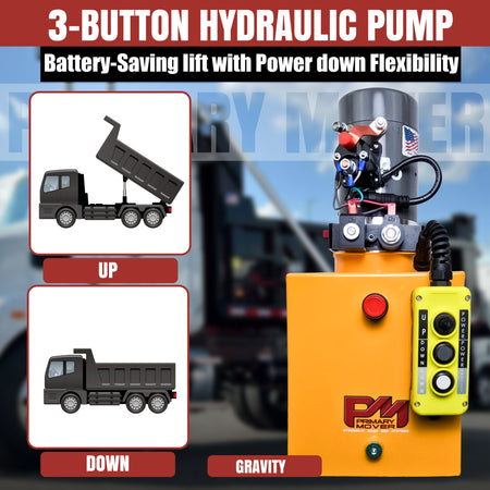 KTI 12V Double-Acting Hydraulic Pump with a steel reservoir, compact design, featuring a prominent red button and black dump truck components, ideal for heavy-duty hydraulic systems.