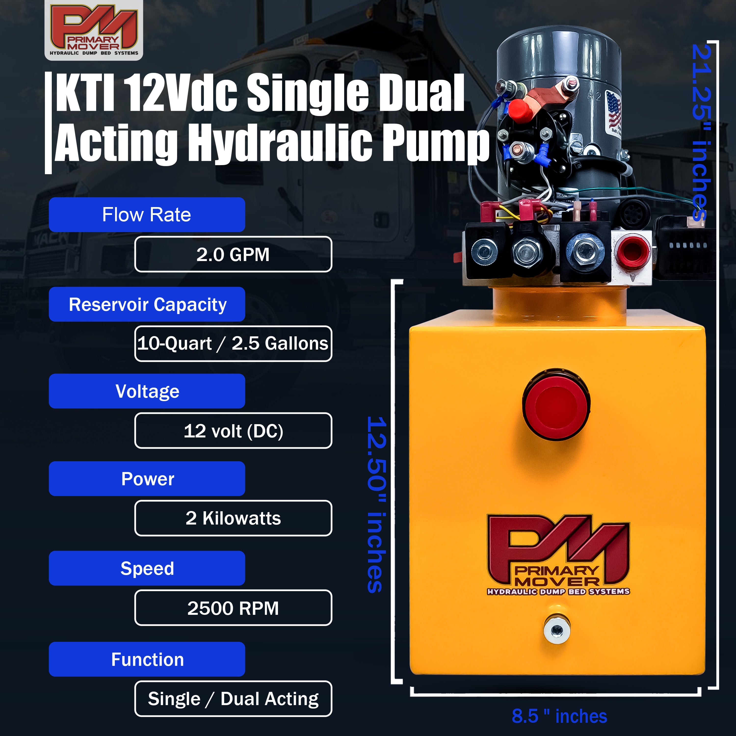 KTI 12Vdc Single/Double Hydraulic Power Unit, featuring a yellow machine with red buttons, suitable for single-acting dump trailers and dual-function hydraulic applications.