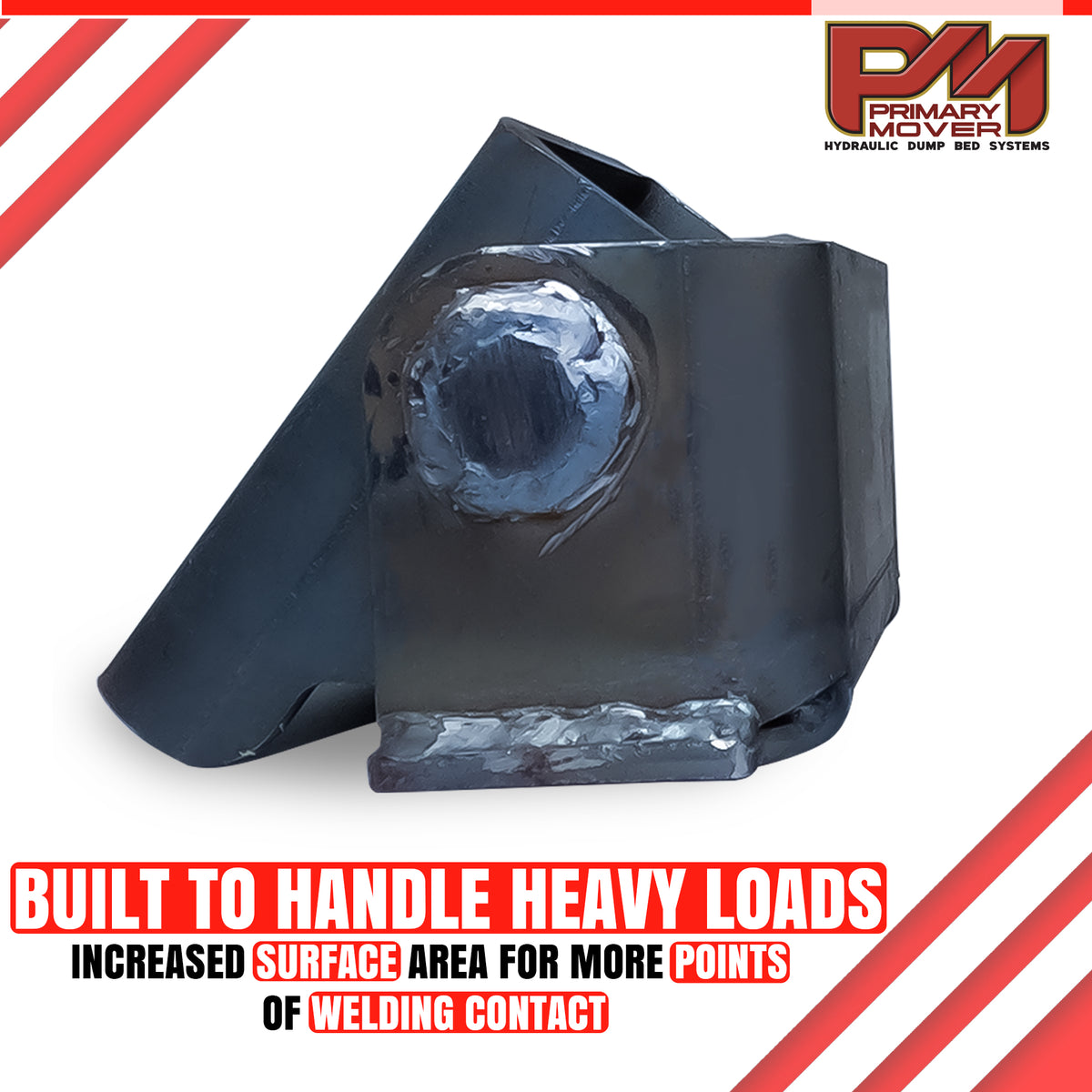 Prime Mover Standard Hinge, a durable, non-powder coated metal piece with a central hole, ready for welding and installation in hydraulic dump bed kits.