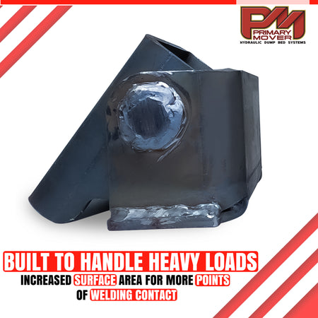 Prime Mover Standard Hinge, a durable, non-powder coated metal piece with a central hole, ready for welding and installation in hydraulic dump bed kits.