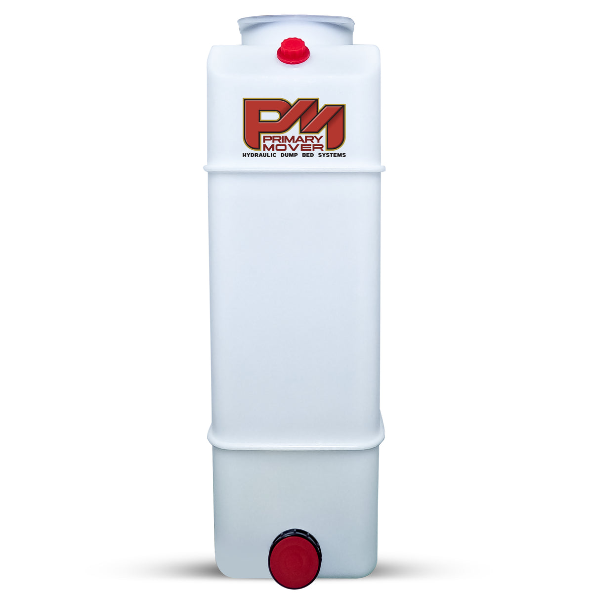 A 13-quart poly hydraulic reservoir tank with plug and breather caps. Precision measurements for compatibility with various hydraulic systems. Dimensions: 21.5 L x 7 W x 8.0 H.