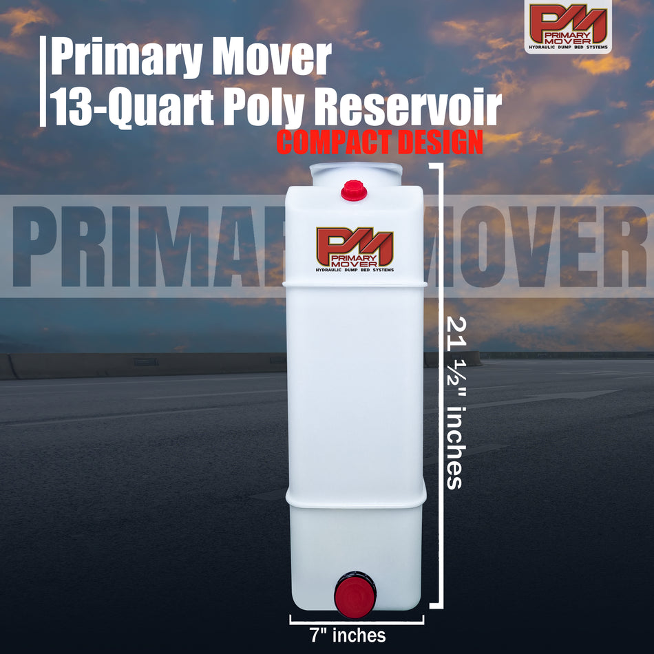 A 13-quart poly hydraulic reservoir tank with plug and breather caps, ideal for various hydraulic applications. Dimensions: 21.5 length, 7 width, 8.0 height. Ensure compatibility with your hydraulic system.