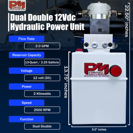 Primary Mover 12V Dual Double-Acting Hydraulic Dump Trailer Pump (Poly) with compact design, featuring user-friendly controls and robust construction for versatile hydraulic applications.