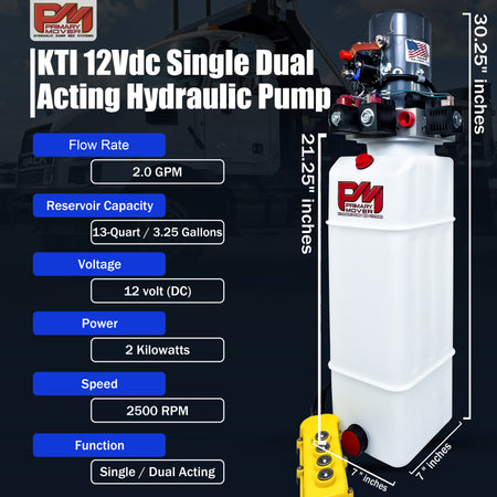 KTI 12Vdc Single/Double Hydraulic Power Unit, featuring a white container with a black and red valve, suitable for versatile hydraulic applications.