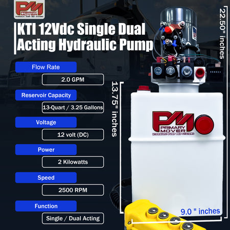 KTI 12vdc Single/Double Hydraulic Power Unit with a white container and red text, featuring dual-functionality for versatile hydraulic applications.