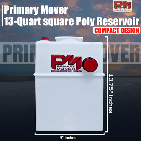 Hydraulic Power Unit Replacement Reservoir 13 Quart Poly (Square) with red caps and text, featuring plug and breather caps for efficient operation.