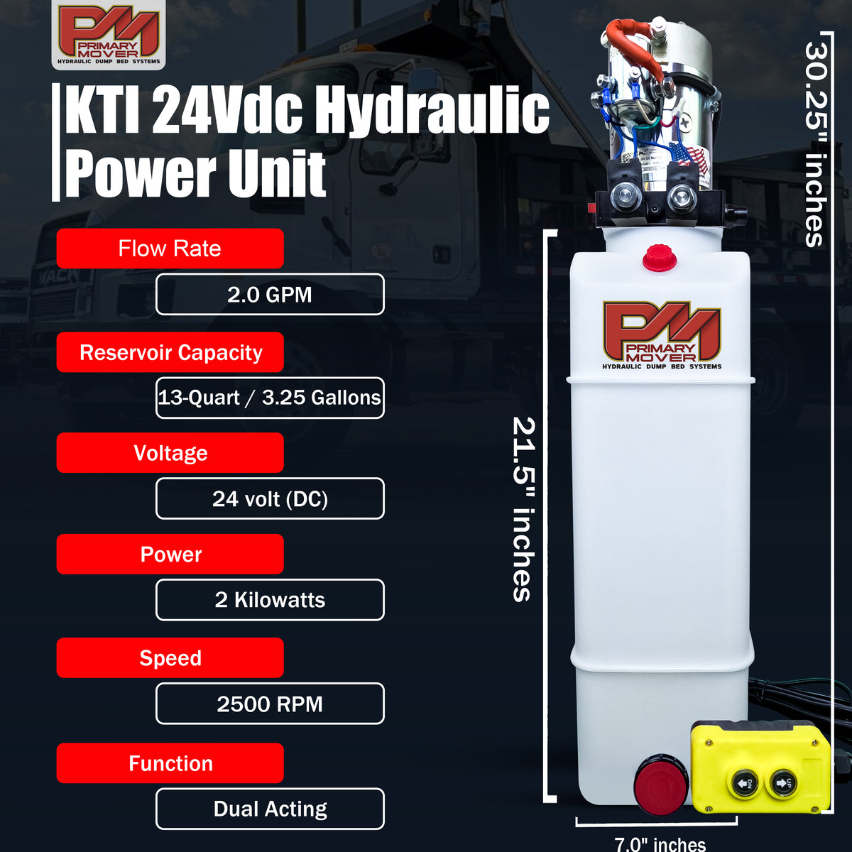 KTI 24Vdc Double Acting Hydraulic Power Unit with poly reservoirs, featuring compact design and essential components for efficient hydraulic applications.