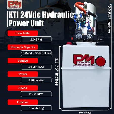 KTI 24Vdc Double Acting Hydraulic Power Unit with poly reservoirs, featuring red text and a compact design, ideal for hydraulic applications.