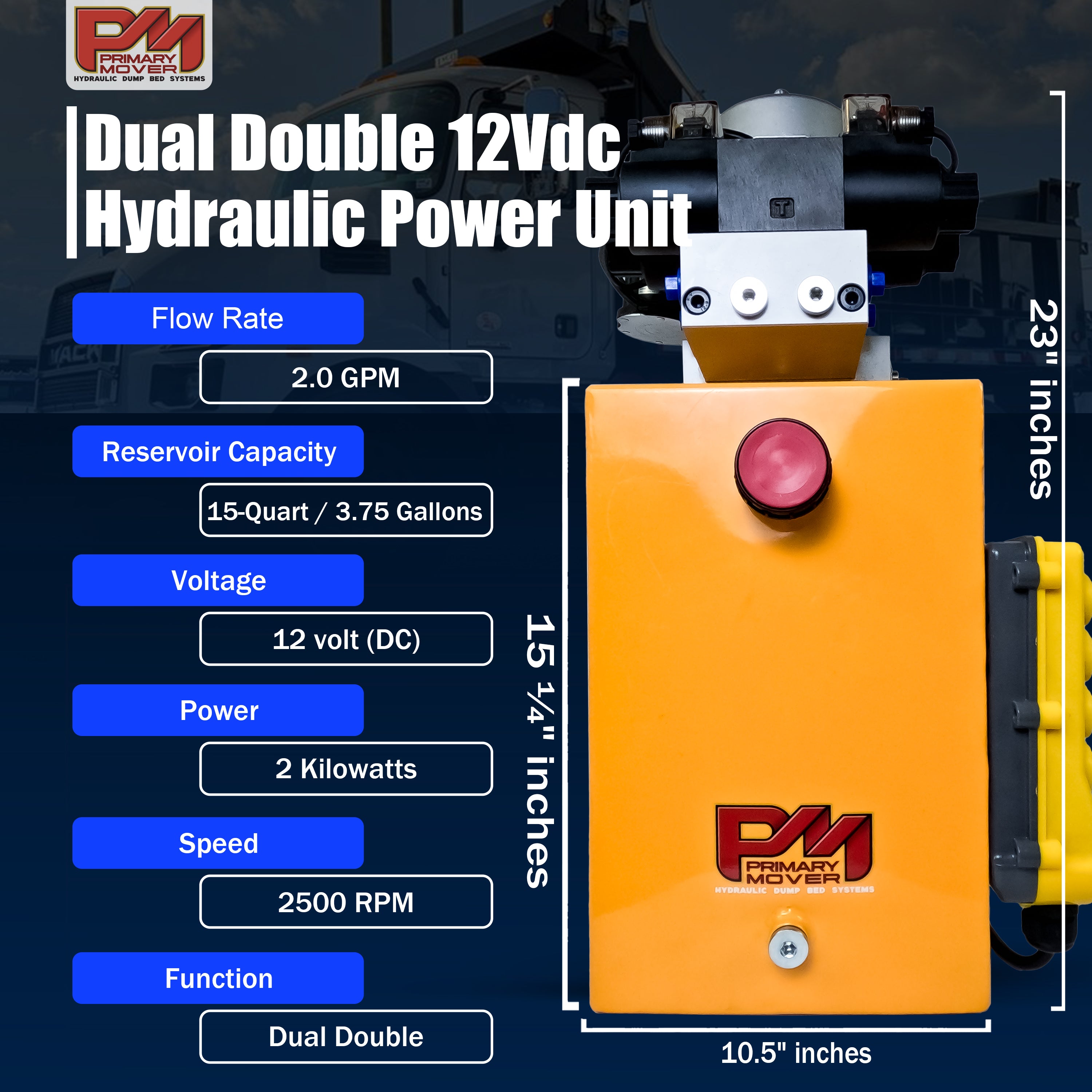 Primary Mover 12V Dual Double-Acting Hydraulic Power Unit: Compact, robust steel construction for dump trailers and trucks, enabling four hydraulic actions simultaneously. Used for any truck or trailer application. 1/2 ton truck dump bed kit.