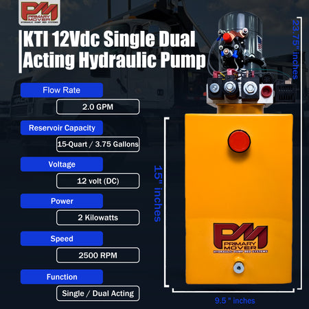 KTI 12Vdc Single/Double Hydraulic Power Unit with a yellow casing, red button, and visible branding, ideal for versatile hydraulic applications.