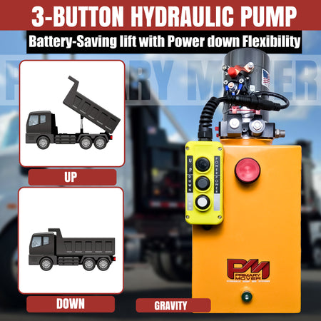 KTI 12V Double-Acting Hydraulic Pump with steel reservoir, featuring a control box with buttons and a compact, durable design for hydraulic dump bed systems.