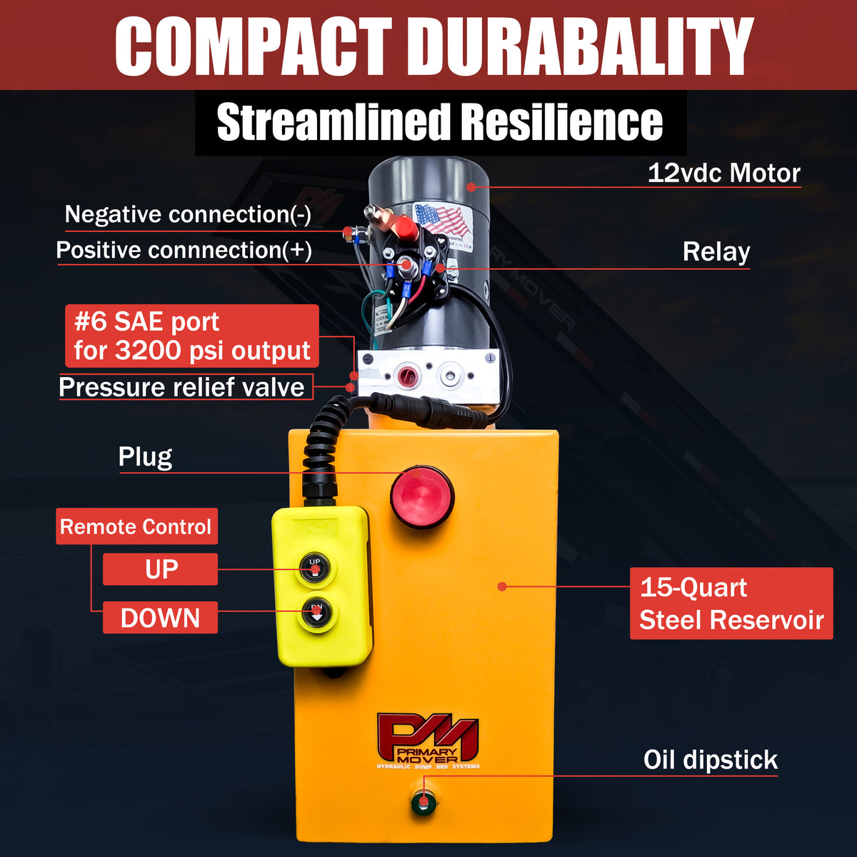 KTI 12V Single-Acting Hydraulic Pump with steel reservoir, featuring red control buttons and compact design for efficient hydraulic dump bed systems.