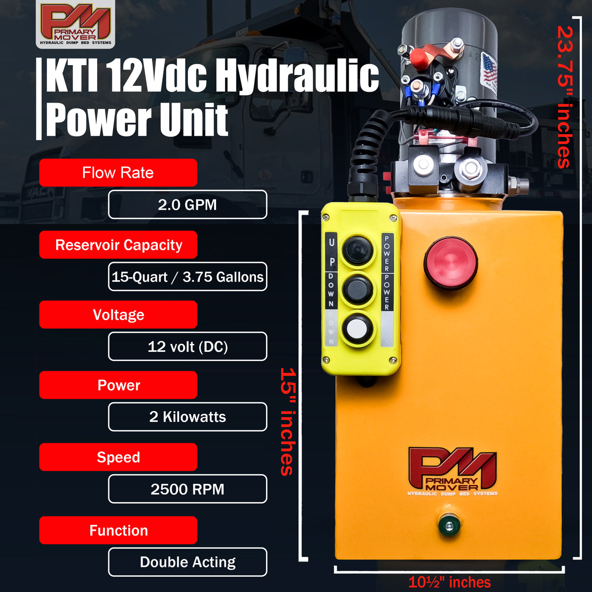KTI 12V Double-Acting Hydraulic Pump with a steel reservoir, featuring a yellow control panel with buttons and a red button.