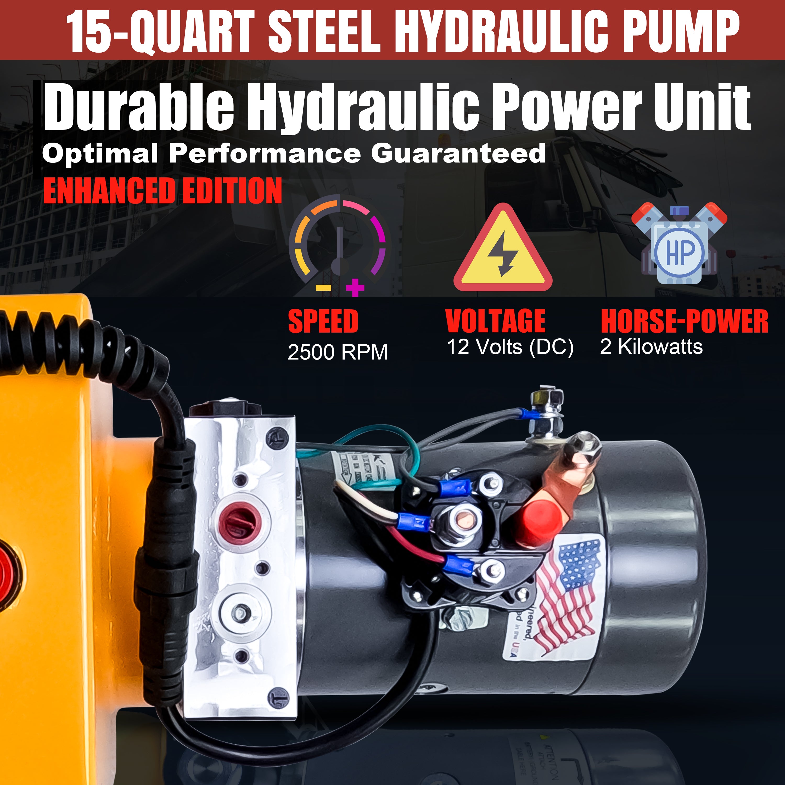 KTI 12V Single-Acting Hydraulic Pump with steel reservoir, featuring a compact, durable design, a yellow safety triangle, and control gauges for efficient dump bed operations.