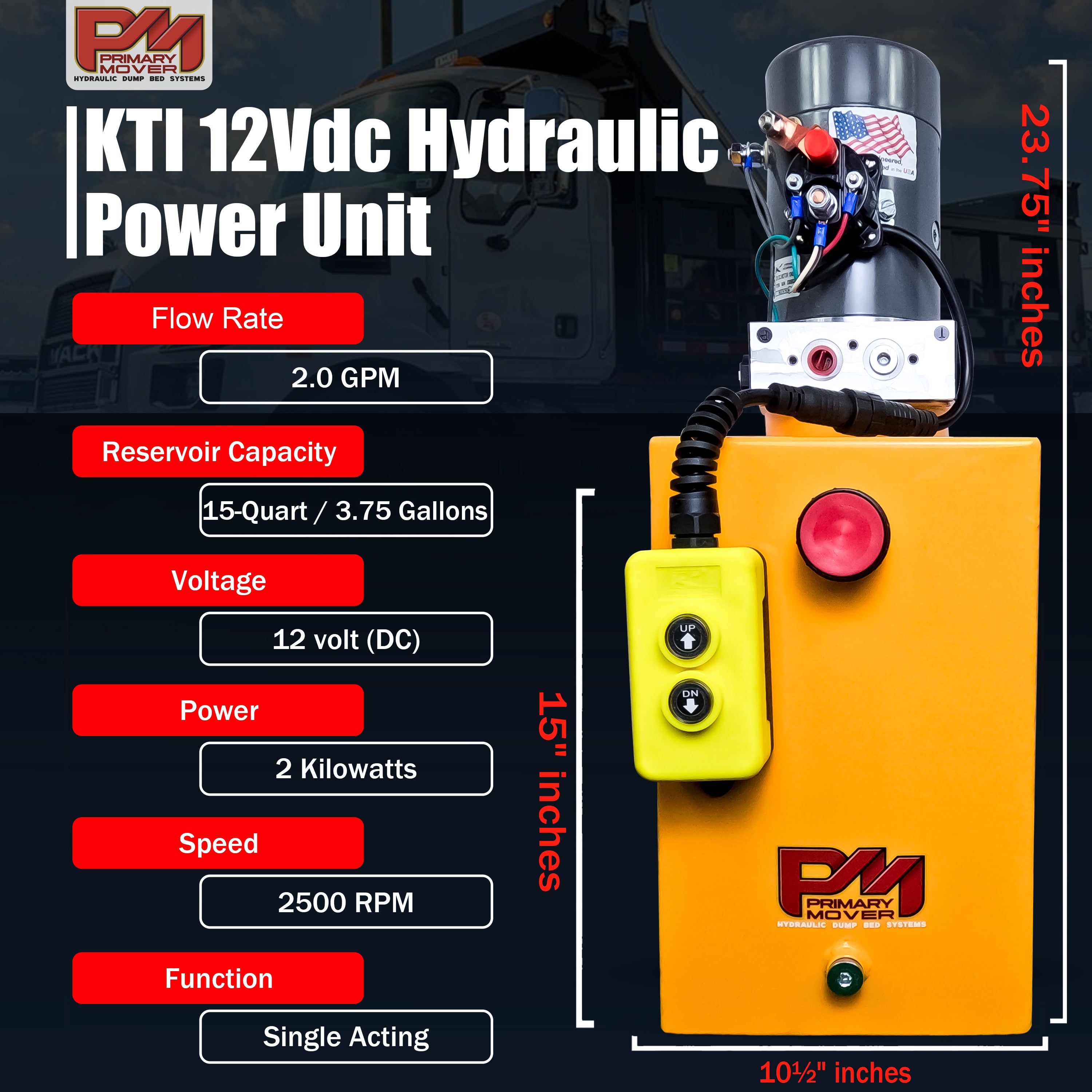KTI 12V Single-Acting Hydraulic Pump - Steel Reservoir with control buttons, designed for efficient dump bed operation, featuring a compact and durable build for industrial use.