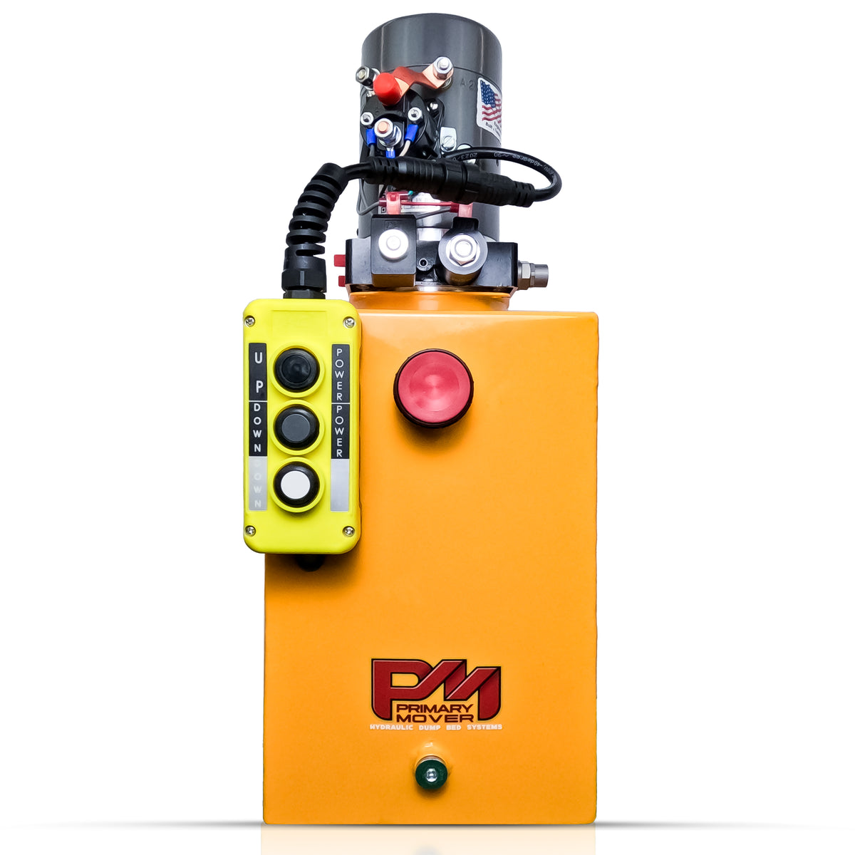 KTI 12V Double-Acting Hydraulic Pump with a steel reservoir, featuring a yellow control panel, black cord, and user-friendly buttons for efficient hydraulic dump bed operation.