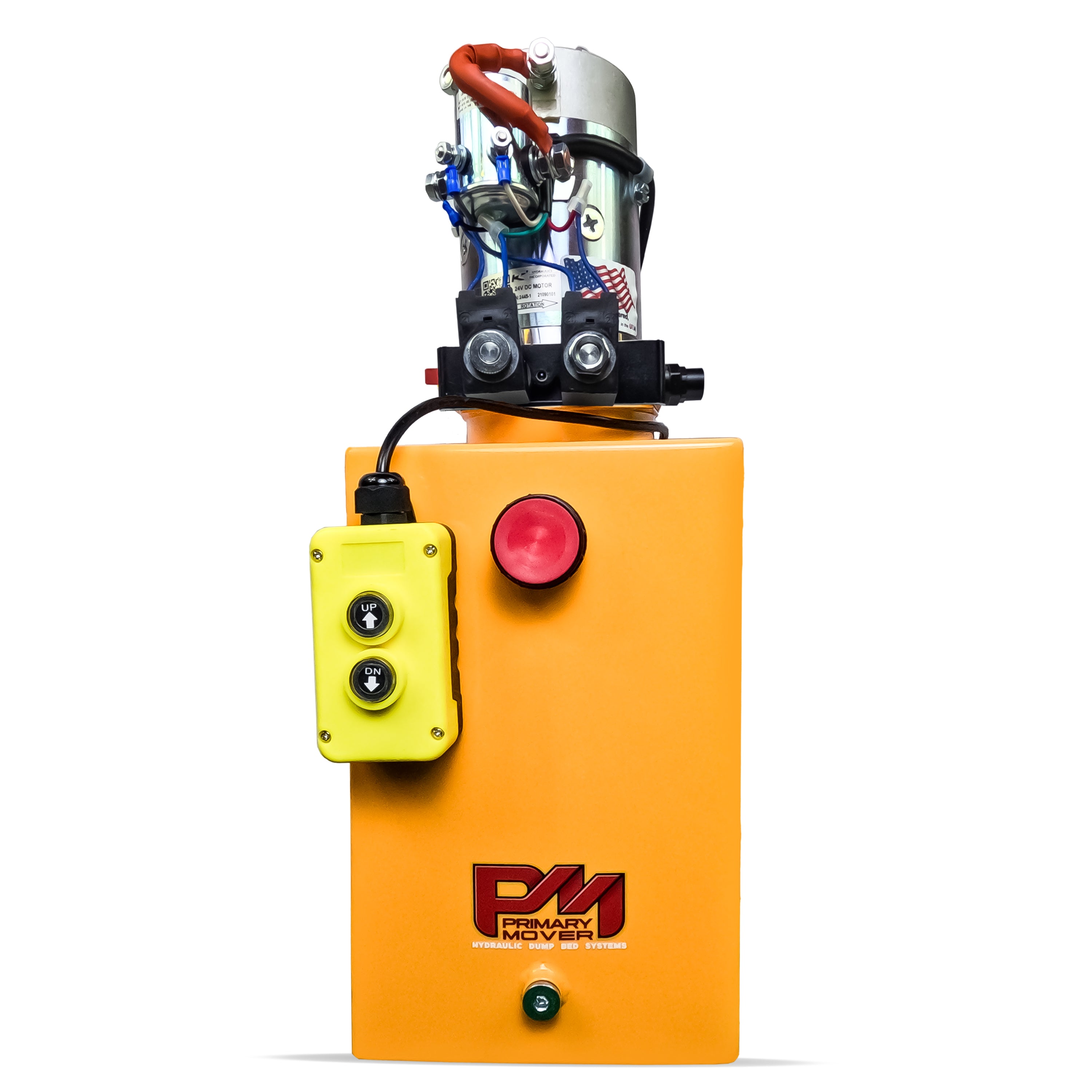 KTI 24Vdc Double Acting Hydraulic Power Unit with steel reservoirs, featuring a yellow box, silver cylinder, and prominent red button for efficient power control.