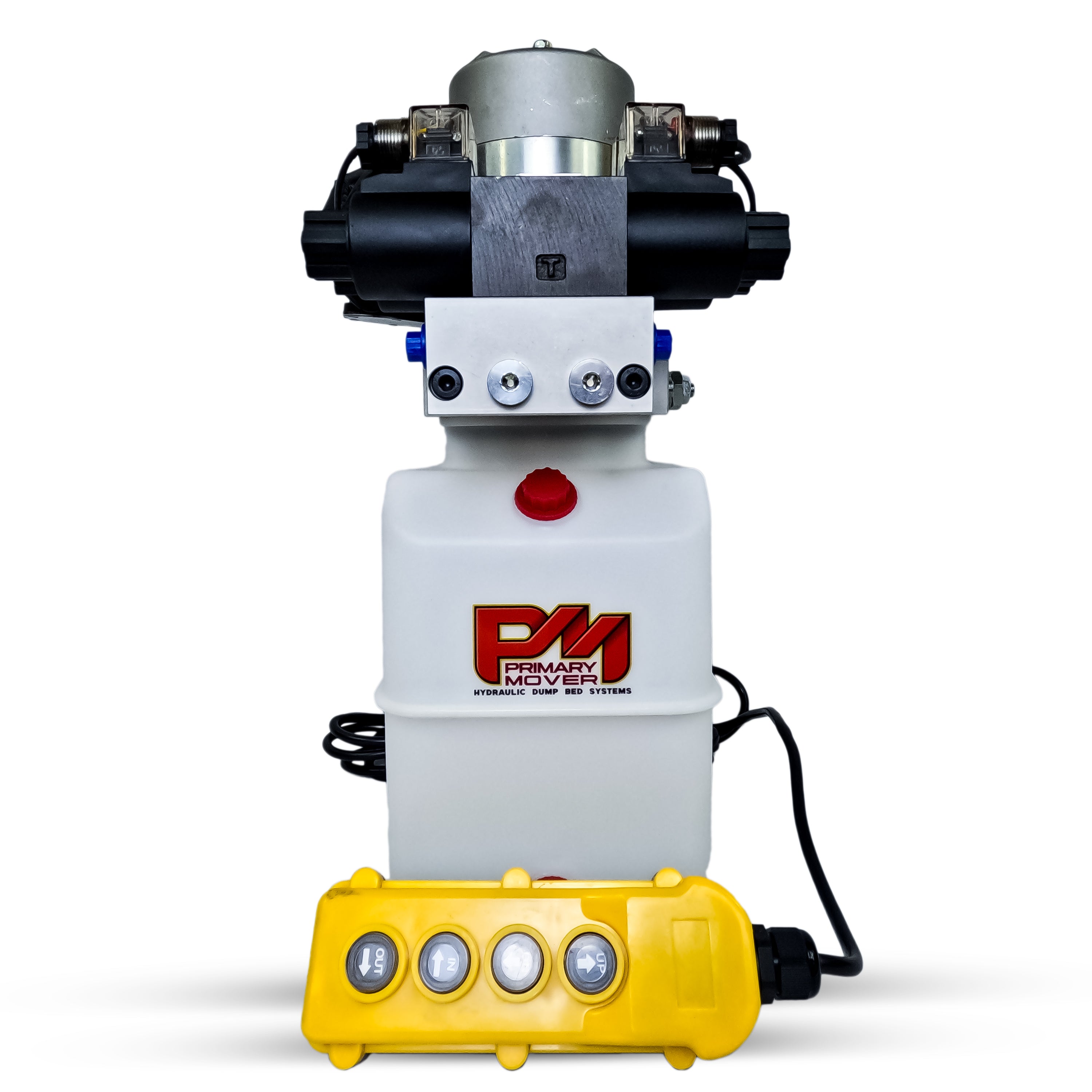 Primary Mover 12V Dual Double-Acting Hydraulic Power Unit: Compact, robust unit for dump trailers and trucks, enabling four hydraulic actions simultaneously.