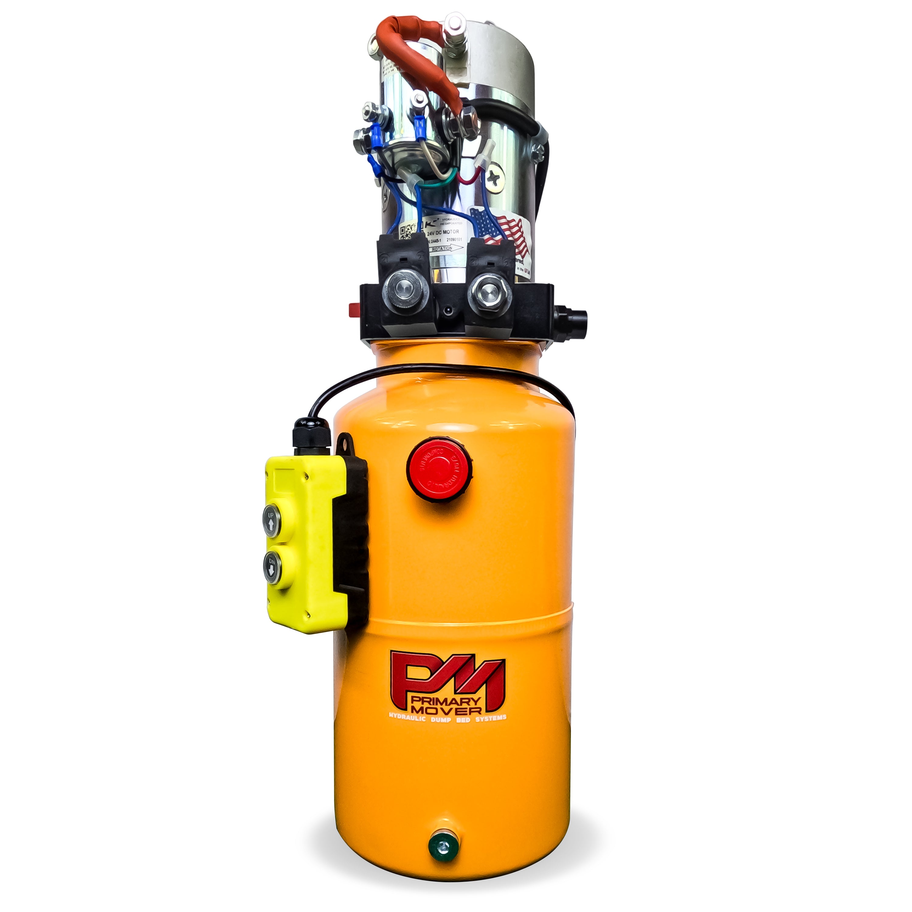 KTI 24Vdc Double Acting Hydraulic Power Unit (Steel Reservoirs) with a prominent red button on its yellow surface, designed for hydraulic applications.