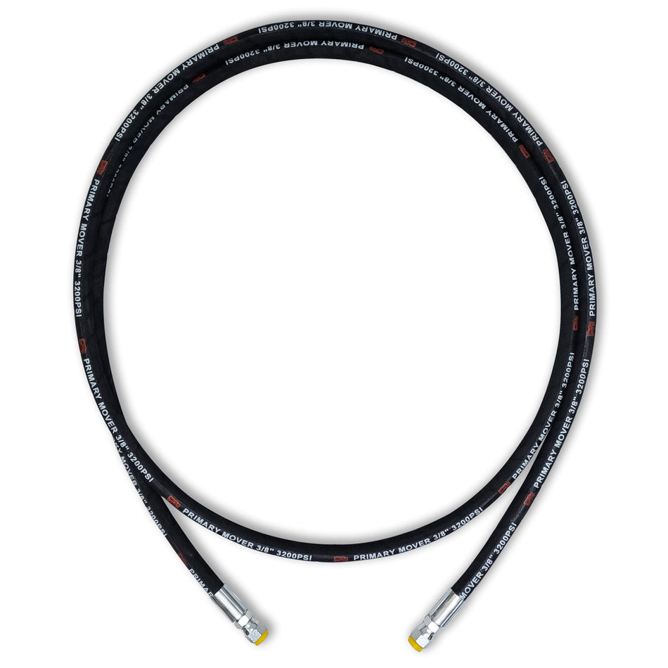 120'' 3/8 Hydraulic Hose with silver tips, featuring straight ends, compatible with Single or Double Acting Hydraulic Pumps.