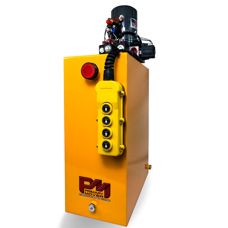 KTI 12vdc Single/Double Hydraulic Power Unit with a yellow box, red button, and black cylinder designed for versatile hydraulic applications.