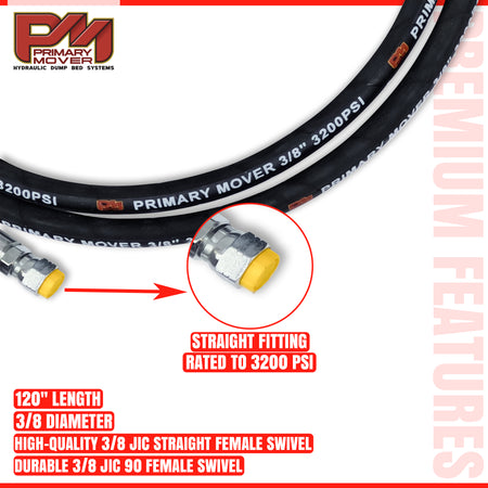 Close-up of a 120'' 3/8 Hydraulic Hose with one straight and one 90-degree JIC female swivel fitting.