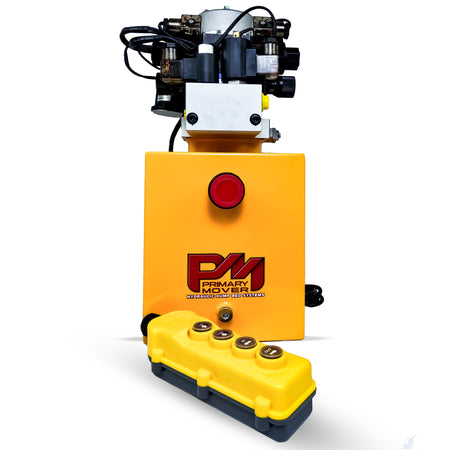 Primary Mover 12Vdc Single Double Pump, a yellow hydraulic machine with a prominent red button, designed for versatile single-acting and dual-acting hydraulic applications.