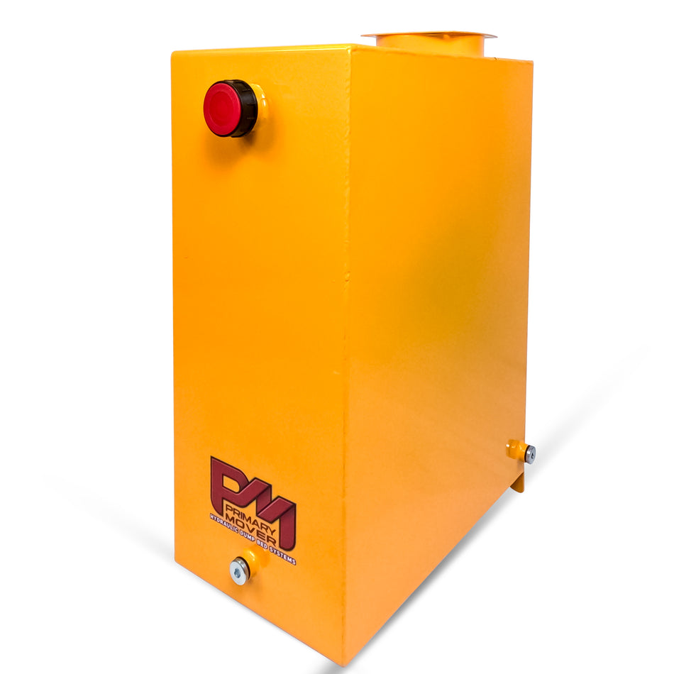 Hydraulic Power Unit Replacement Reservoir 32 Quart (8 Gallon) Steel, featuring a yellow box with a red button and logo, built for durable hydraulic applications.