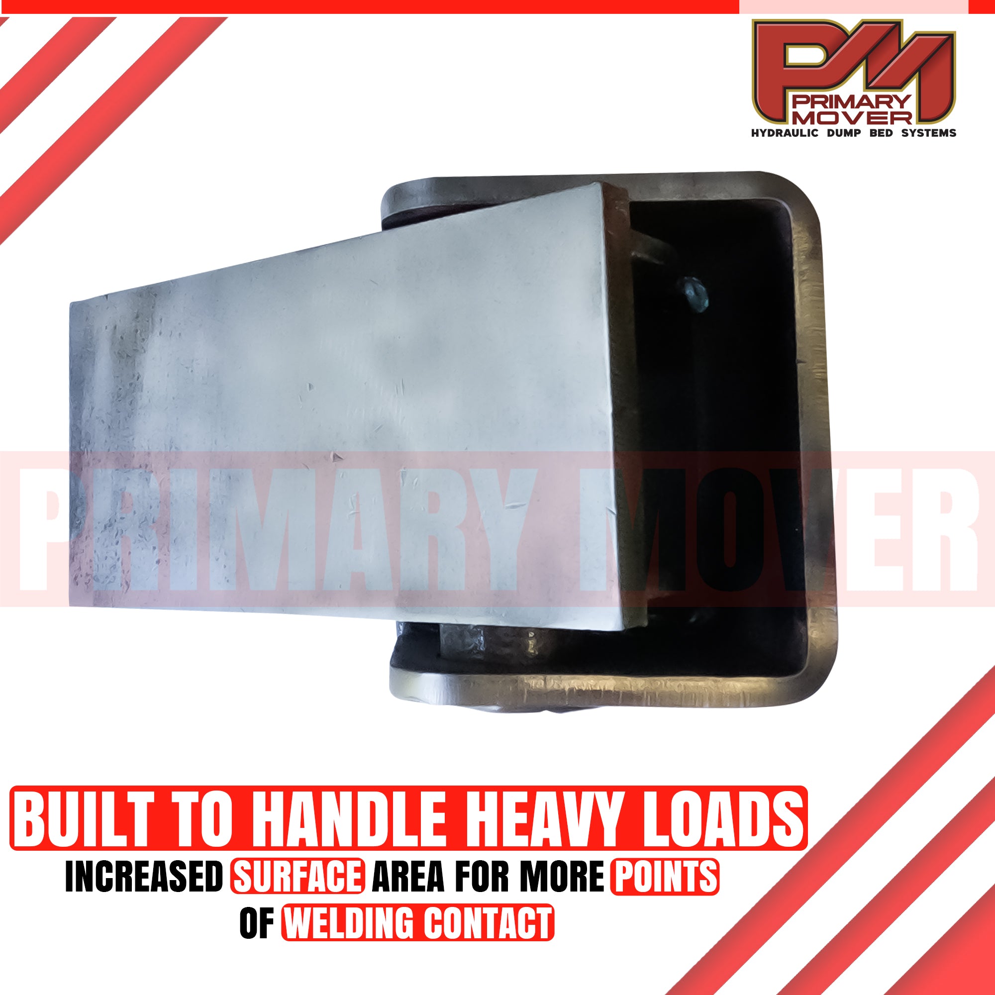 Heavy Duty Hinge for hydraulic dump bed kits, featuring a metal box with a central hole, ready for welding and installation on trucks or trailers.