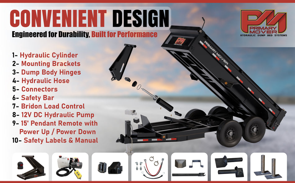 Hydraulic Scissor Hoist Kit - 6 Ton Capacity for 10-14' Dump Trailers. Includes cylinder, mounting brackets, hydraulic pump, safety features, and more. Reliable and durable with 3-year warranty.