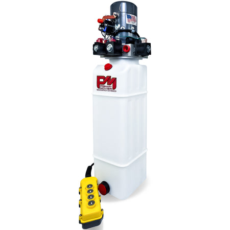 KTI 12Vdc Single/Double Hydraulic Power Unit with a white cylinder, black/red handle, and yellow box with black buttons, designed for versatile hydraulic applications.