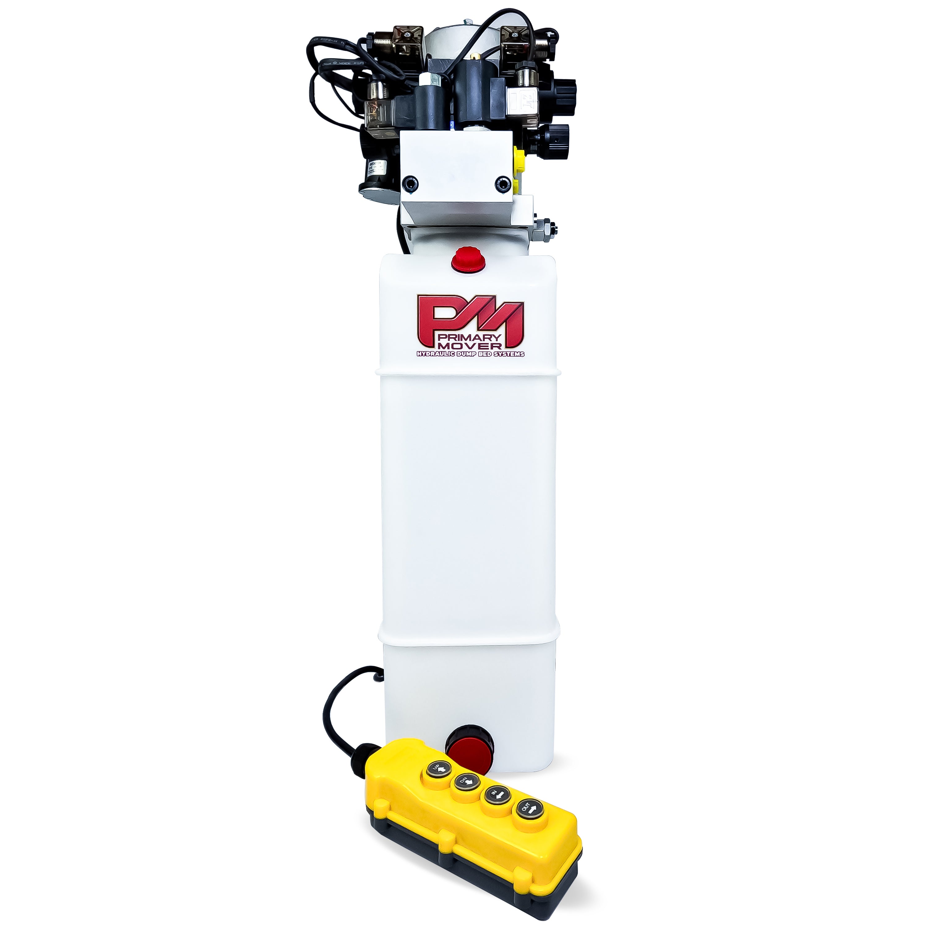 Primary Mover 12Vdc Single Double Pump: A white hydraulic pump with a yellow button, designed for single-acting and dual-acting functions, enhancing flexibility and efficiency.