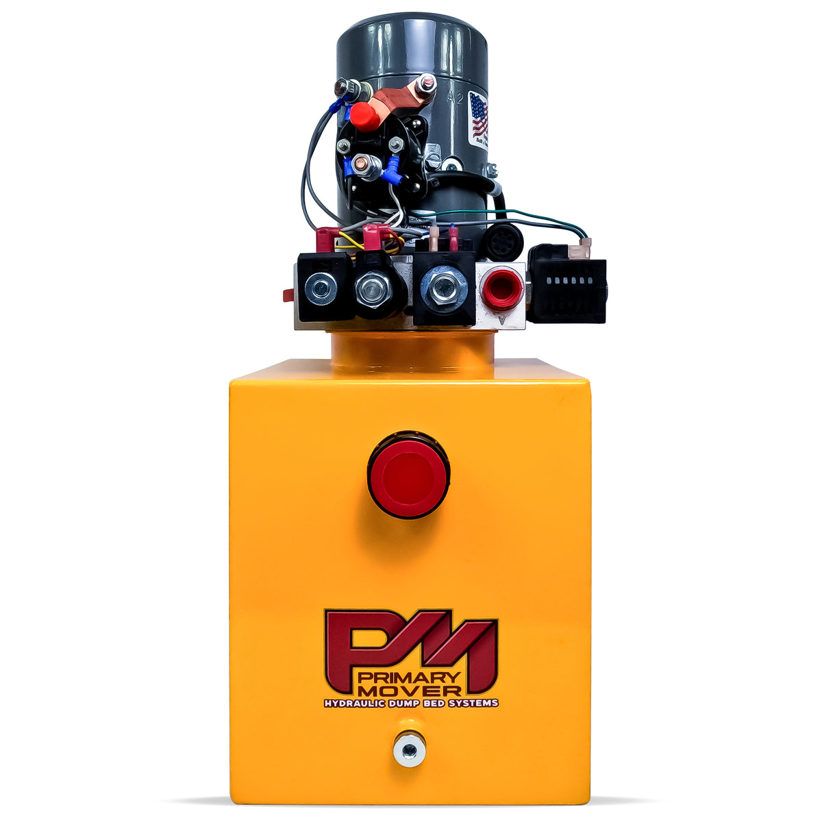 KTI 12Vdc Single/Double Hydraulic Power Unit, featuring a yellow machine with a prominent red button, designed for versatile hydraulic applications in dump trailers.