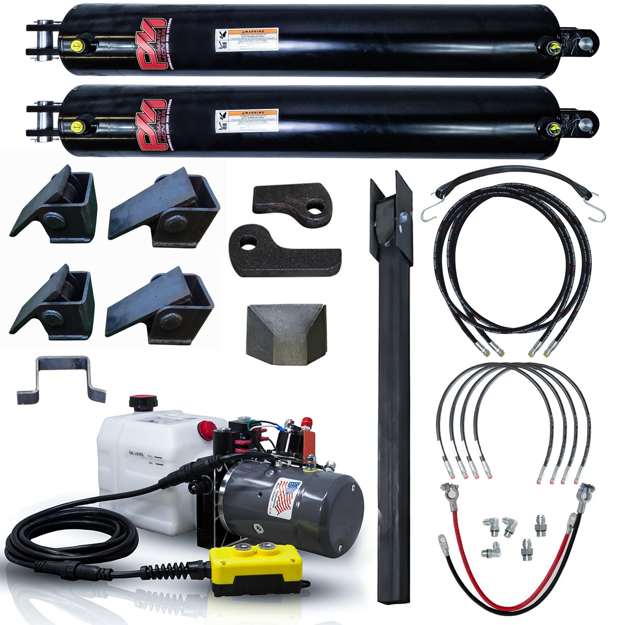 Dual 5 x 30 Cylinders Direct Push Lift Kit | PFK-530-2DP with two black tubes, cables, connectors, and hydraulic components for efficient heavy material handling.