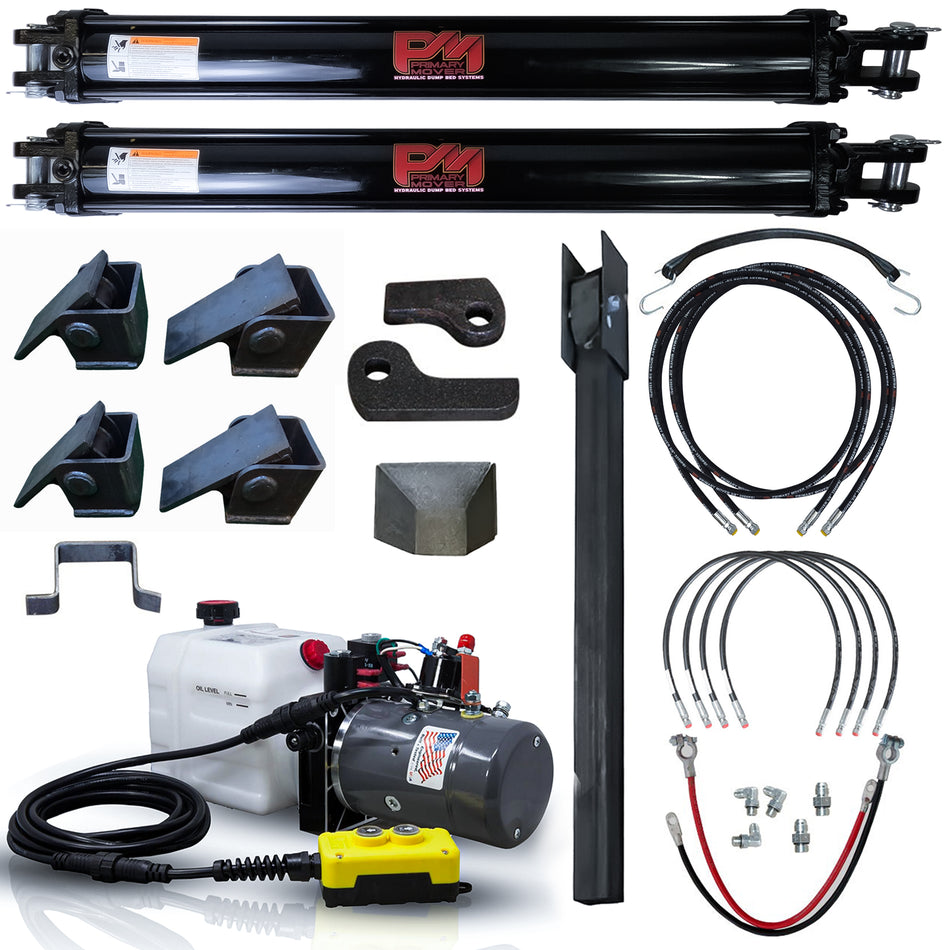 Dual 3.5 x 30 Cylinders Direct Push Lift Kit | PFK-3530-2DP, showcasing hydraulic components, cables, connectors, and key parts for superior trailer lifting performance.