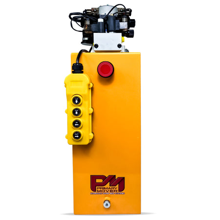 Primary Mover 12Vdc Single Double Pump with yellow control panel, red button, and black buttons for versatile single and dual hydraulic applications.