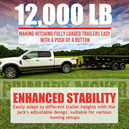 12k Hydraulic Trailer Jack Weld On or Bolt On attached to a white flatbed truck on grass, showcasing its robustness and ease of use.